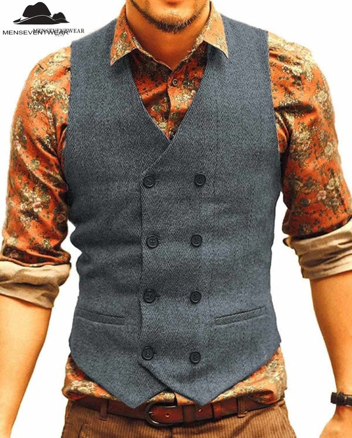 Casual Men's Slim Fit Double Breasted Tweed Herringbone V Neck Waistcoat menseventwear