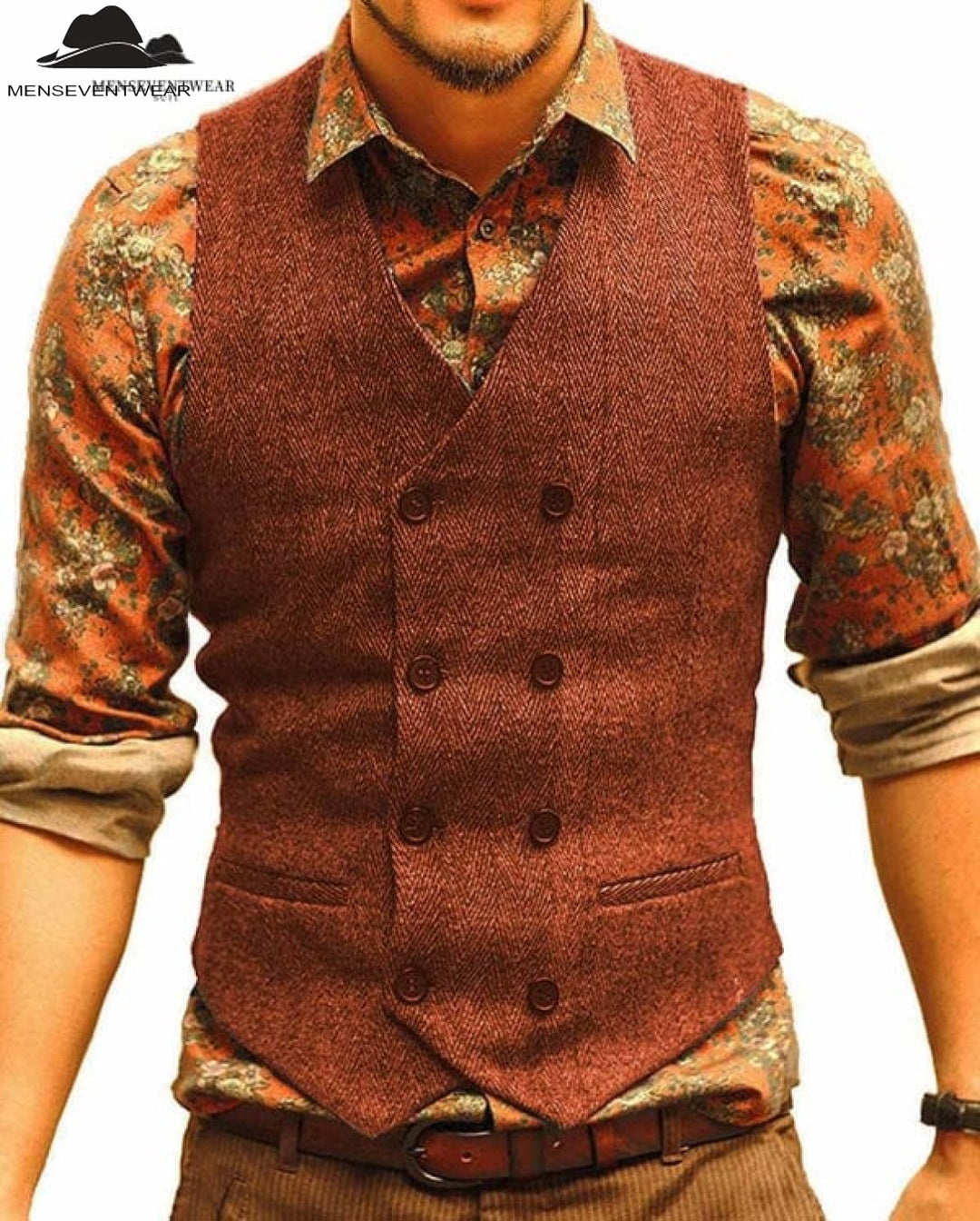 Casual Men's Slim Fit Double Breasted Tweed Herringbone V Neck Waistcoat menseventwear