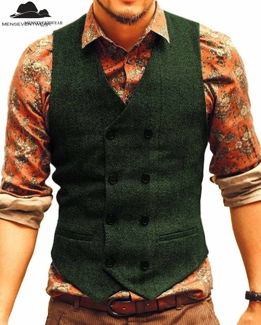 Casual Men's Slim Fit Double Breasted Tweed Herringbone V Neck Waistcoat menseventwear