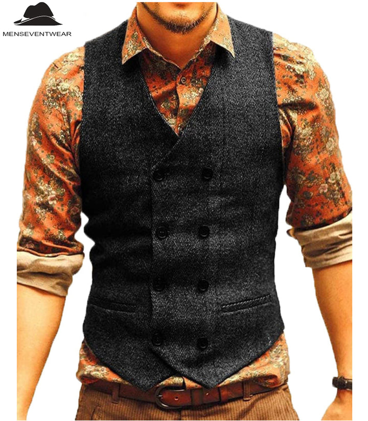 Casual Men's Slim Fit Double Breasted Tweed Herringbone V Neck Waistcoat menseventwear