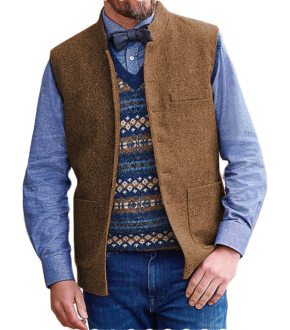 Casual Men's Slim Fit herringbone Stand Collar Waistcoat mens event wear