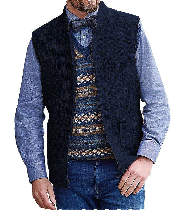 Casual Men's Slim Fit herringbone Stand Collar Waistcoat mens event wear