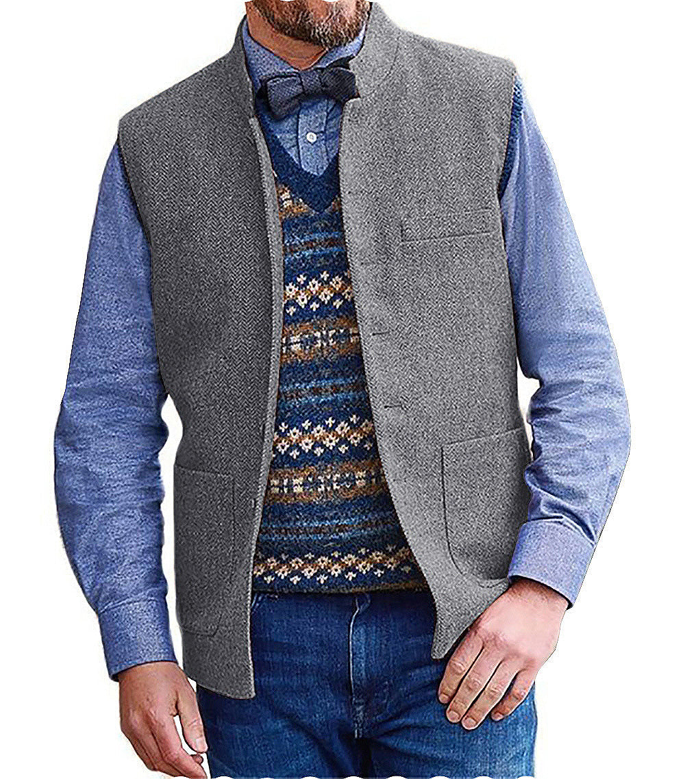 Casual Men's Slim Fit herringbone Stand Collar Waistcoat mens event wear