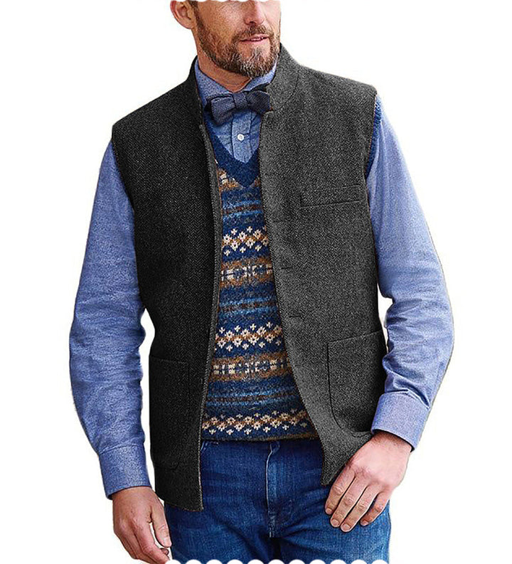 Casual Men's Slim Fit herringbone Stand Collar Waistcoat mens event wear