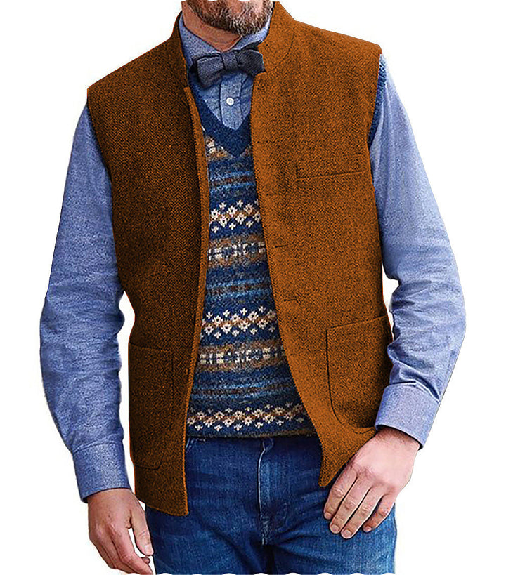 Casual Men's Slim Fit herringbone Stand Collar Waistcoat mens event wear