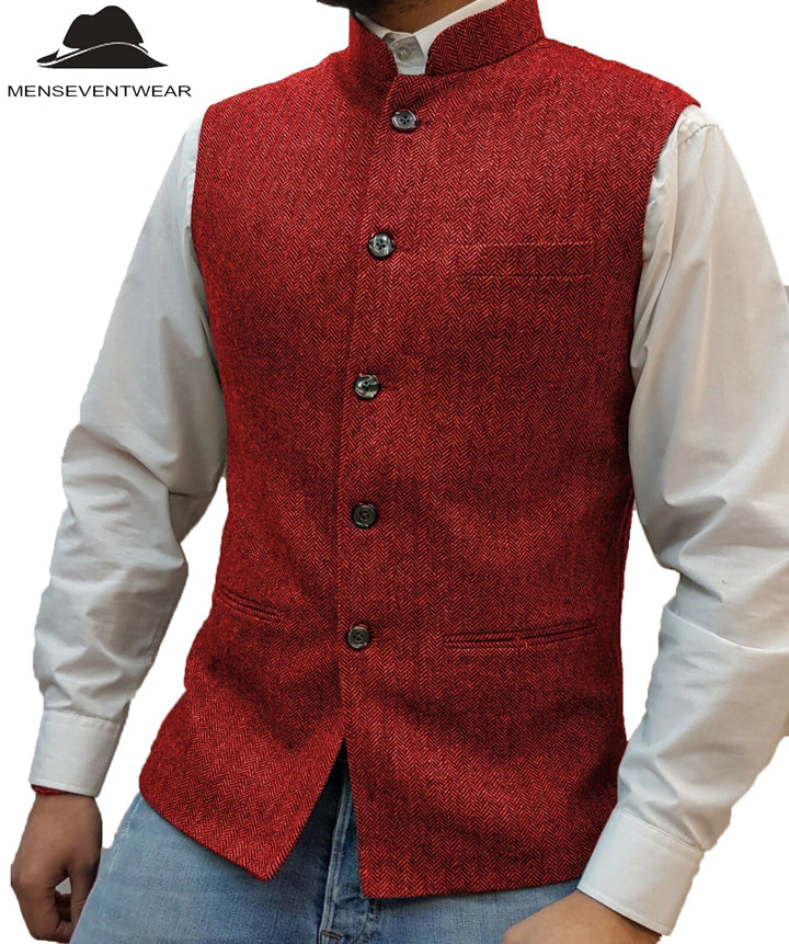 Casual Men's Slim Fit herringbone Stand Collar Waistcoat menseventwear