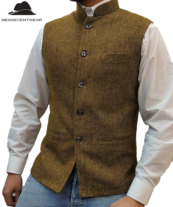 Casual Men's Slim Fit herringbone Stand Collar Waistcoat menseventwear