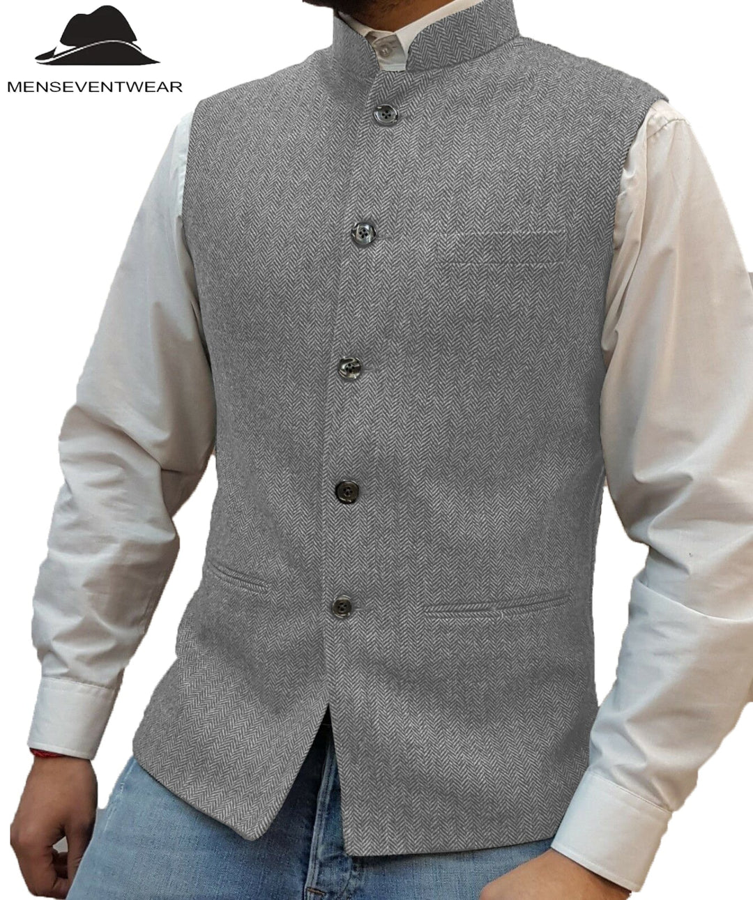 Casual Men's Slim Fit herringbone Stand Collar Waistcoat menseventwear