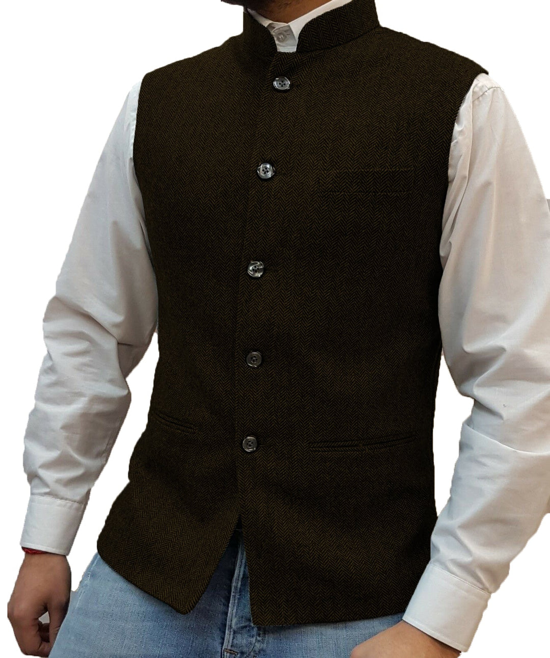 Casual Men's Slim Fit herringbone Stand Collar Waistcoat menseventwear