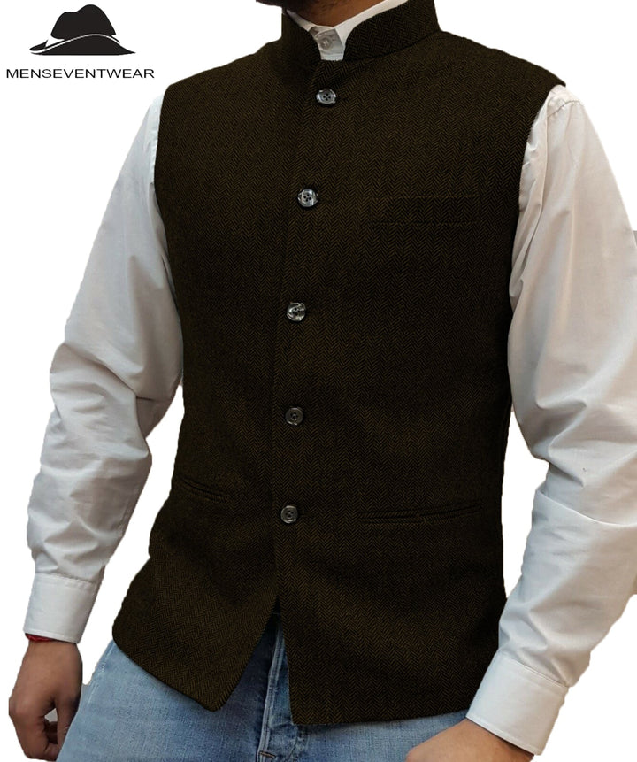 Casual Men's Slim Fit herringbone Stand Collar Waistcoat menseventwear