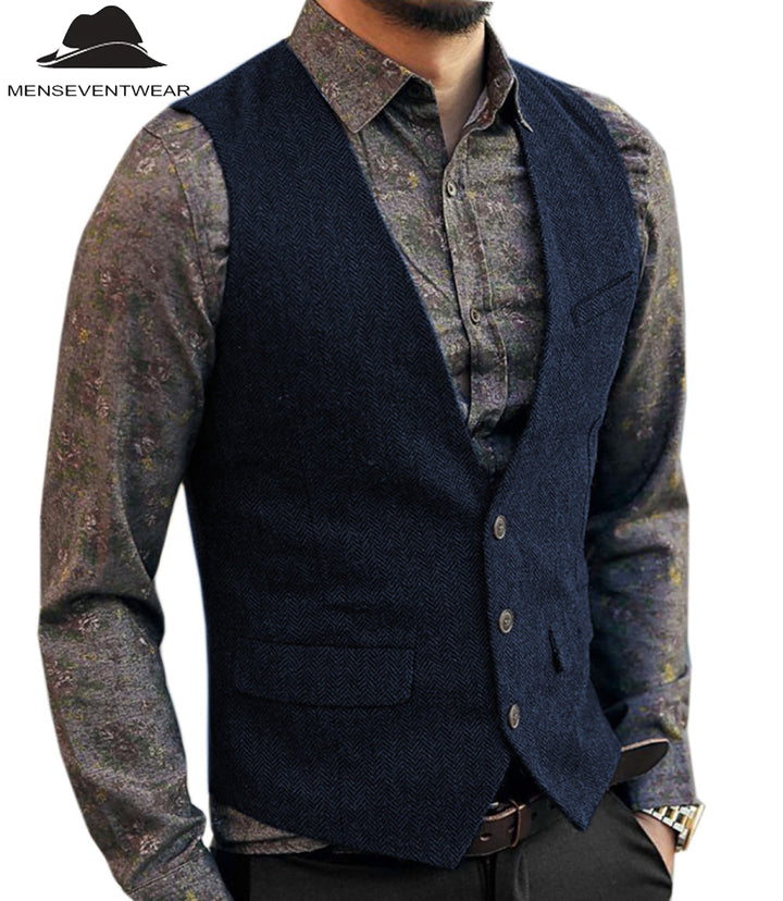 Casual Men's Slim Fit Herringbone V Neck Waistcoat menseventwear