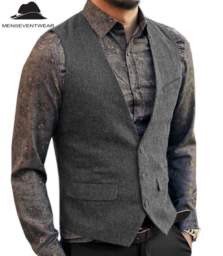 Casual Men's Slim Fit Herringbone V Neck Waistcoat menseventwear