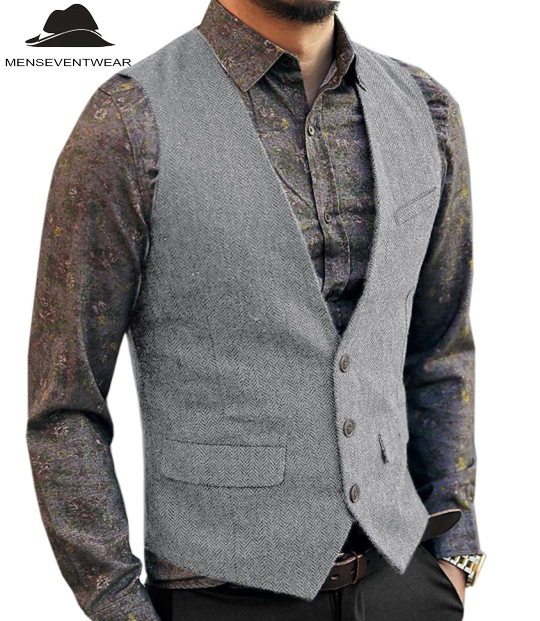 Casual Men's Slim Fit Herringbone V Neck Waistcoat menseventwear