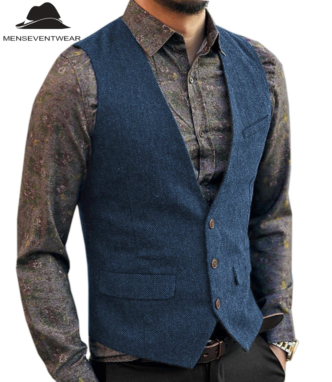 Casual Men's Slim Fit Herringbone V Neck Waistcoat menseventwear