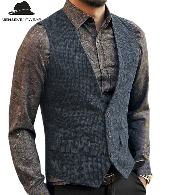 Casual Men's Slim Fit Herringbone V Neck Waistcoat menseventwear