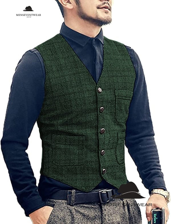 Casual Men's Slim Fit Plaid Tweed V Neck Waistcoat menseventwear