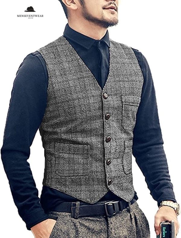 Casual Men's Slim Fit Plaid Tweed V Neck Waistcoat menseventwear