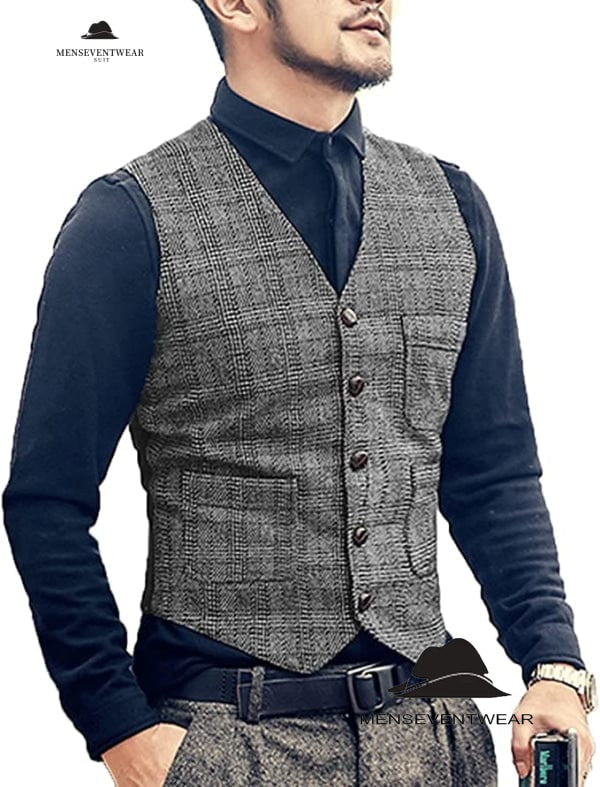 Casual Men's Slim Fit Plaid Tweed V Neck Waistcoat menseventwear