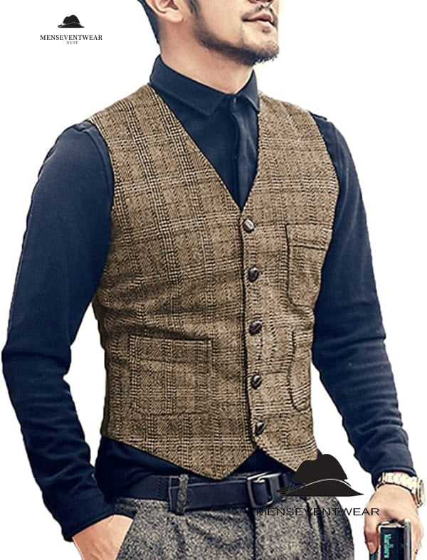 Casual Men's Slim Fit Plaid Tweed V Neck Waistcoat menseventwear