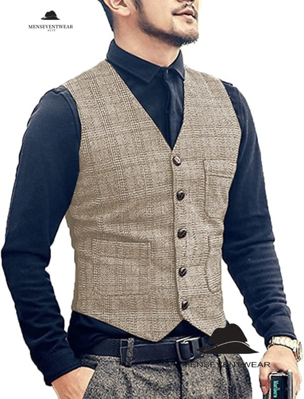 Casual Men's Slim Fit Plaid Tweed V Neck Waistcoat menseventwear