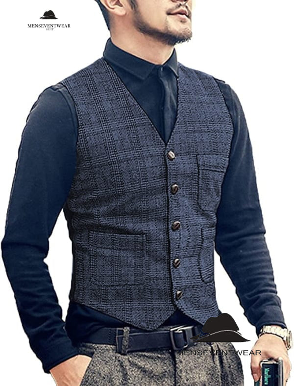 Casual Men's Slim Fit Plaid Tweed V Neck Waistcoat menseventwear