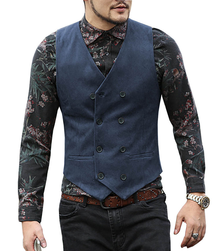 Casual Men's Slim Fit Suede Double Breasted V Neck Waistcoat menseventwear