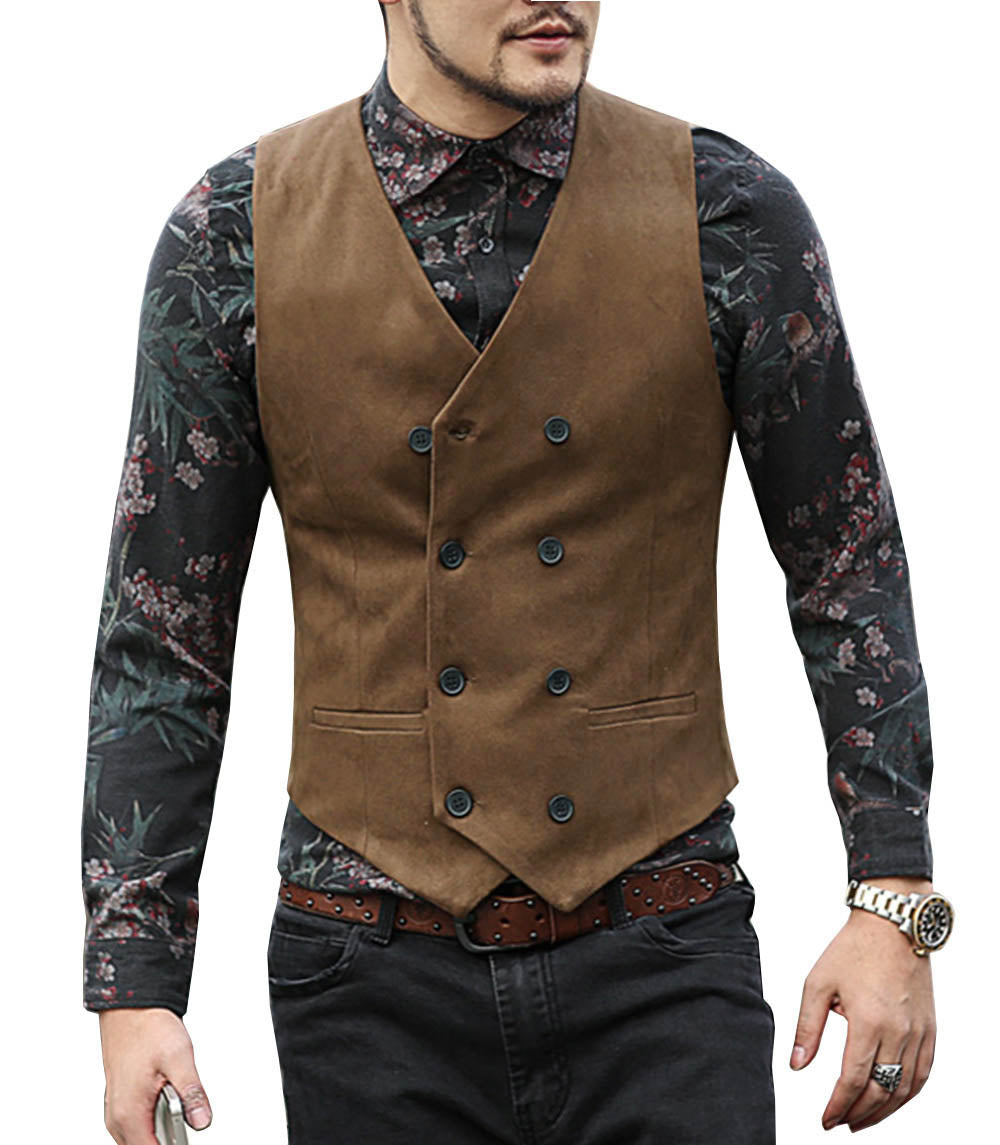 Casual Men's Slim Fit Suede Double Breasted V Neck Waistcoat menseventwear