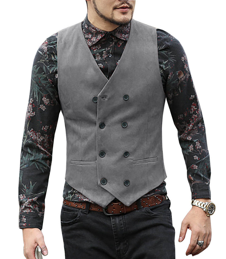 Casual Men's Slim Fit Suede Double Breasted V Neck Waistcoat menseventwear