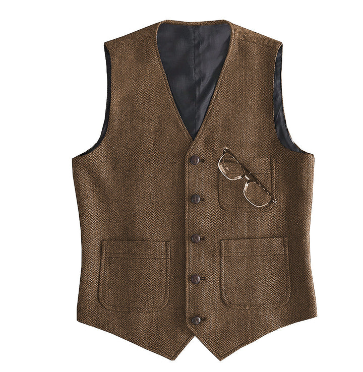 Casual Men's Slim Fit Tweed Herringbone V Neck Waistcoat Adam Reed