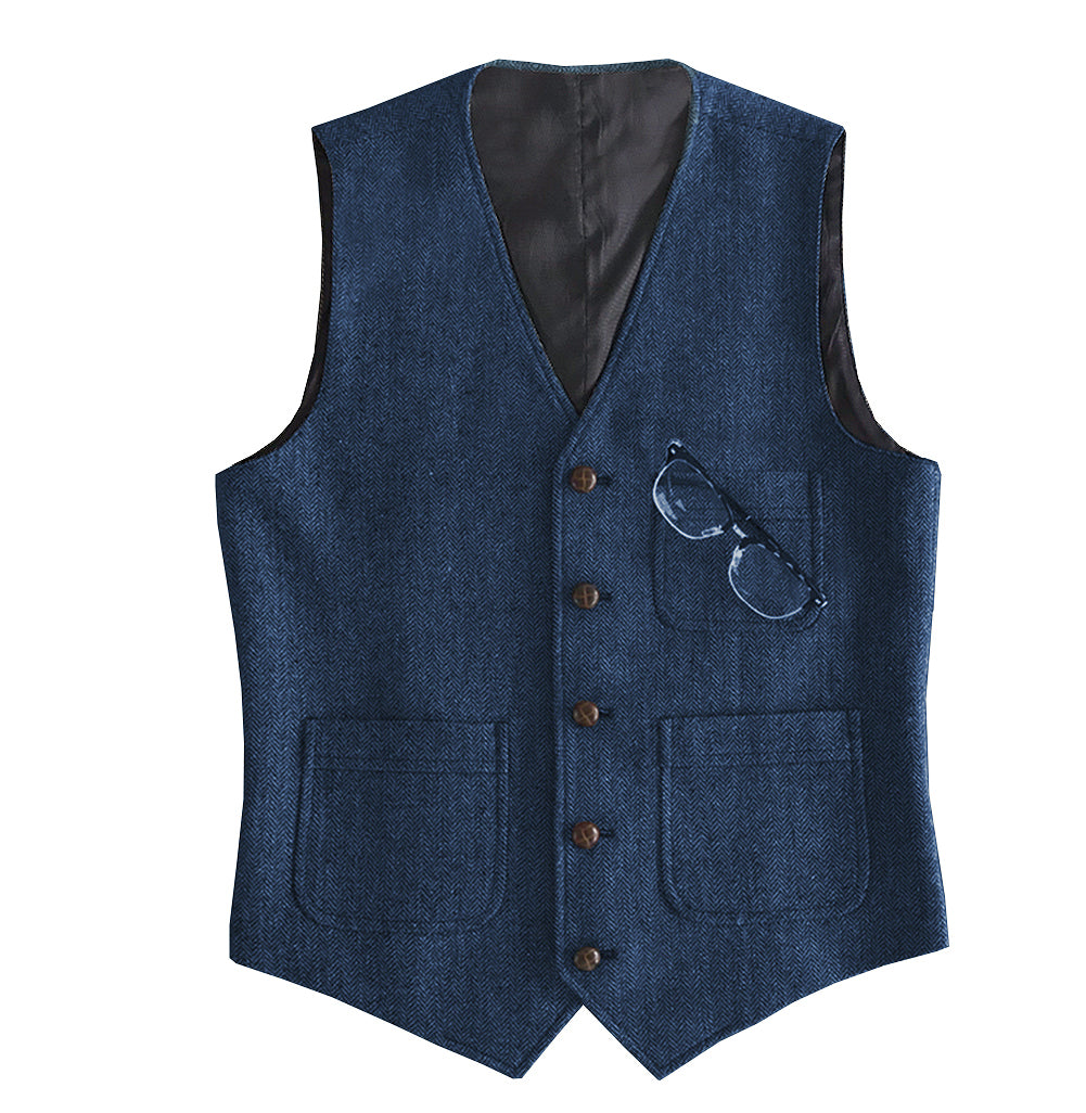 Casual Men's Slim Fit Tweed Herringbone V Neck Waistcoat Adam Reed