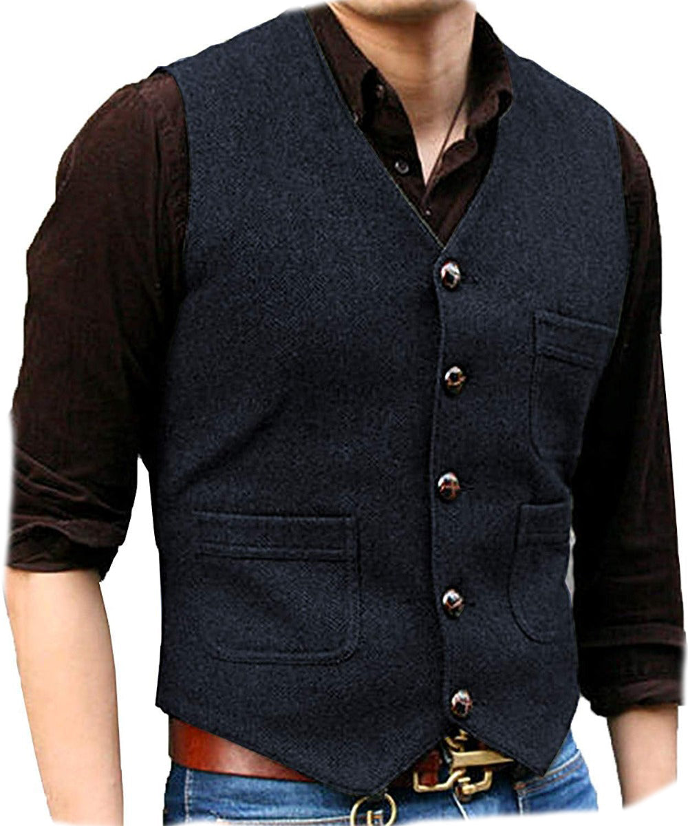 Casual Men's Slim Fit Tweed Herringbone V Neck Waistcoat menseventwear