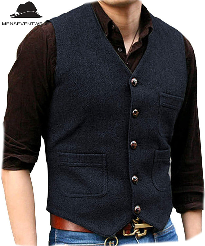 Casual Men's Slim Fit Tweed Herringbone V Neck Waistcoat menseventwear