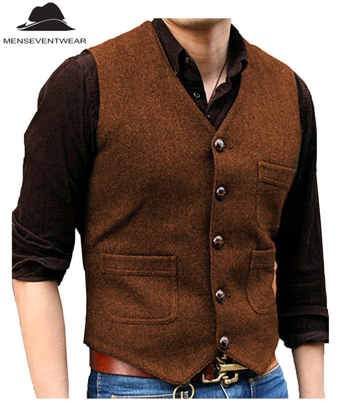 Casual Men's Slim Fit Tweed Herringbone V Neck Waistcoat menseventwear