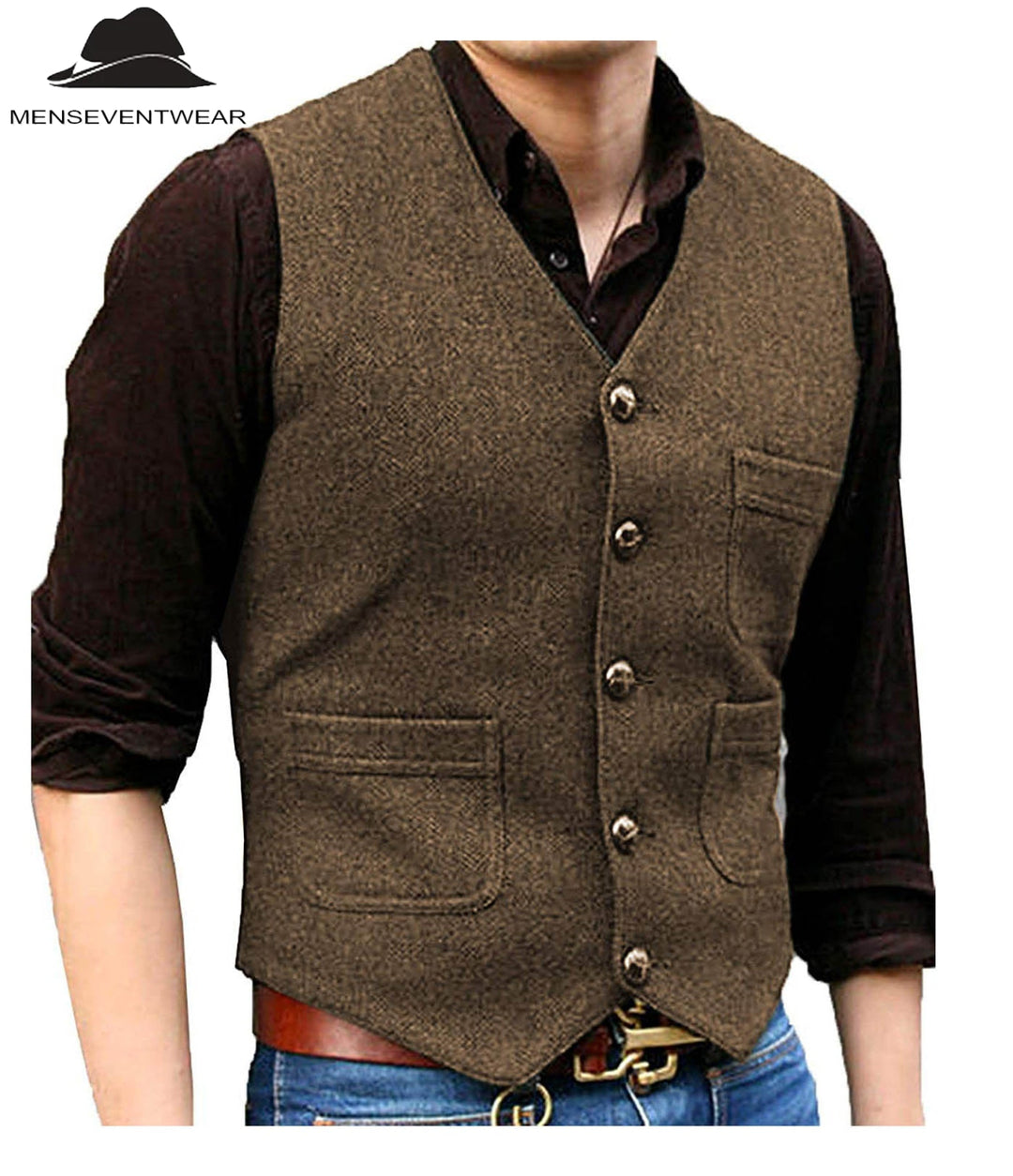 Casual Men's Slim Fit Tweed Herringbone V Neck Waistcoat menseventwear