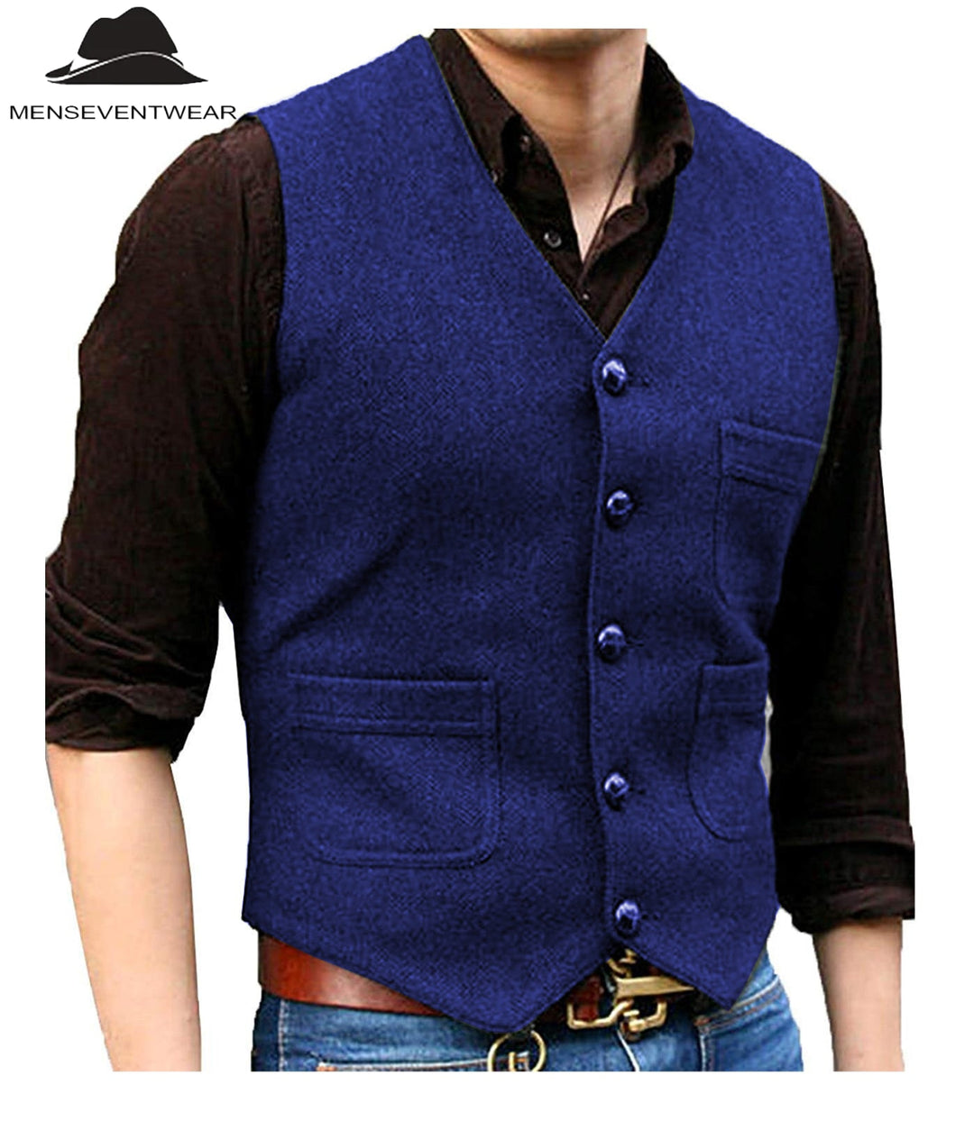 Casual Men's Slim Fit Tweed Herringbone V Neck Waistcoat menseventwear