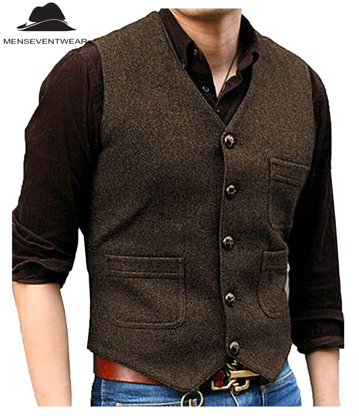 Casual Men's Slim Fit Tweed Herringbone V Neck Waistcoat menseventwear