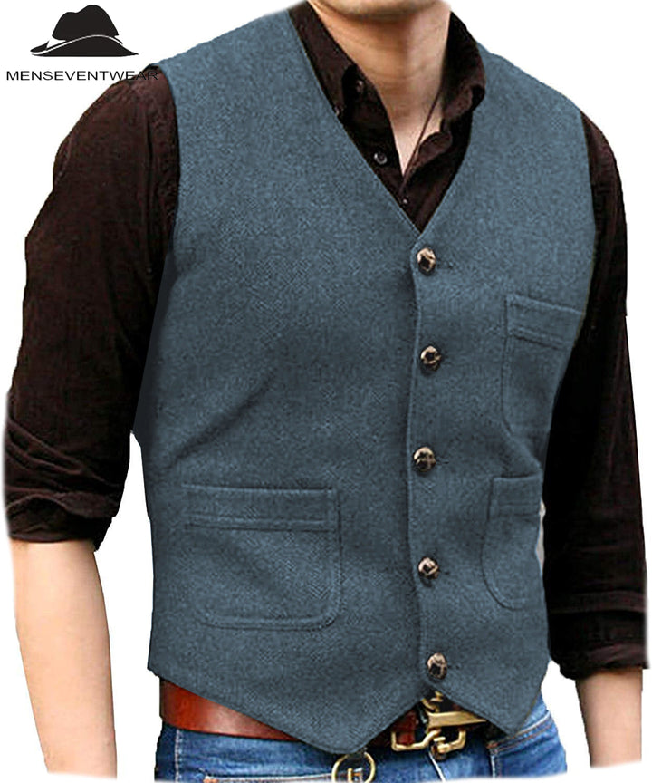 Casual Men's Slim Fit Tweed Herringbone V Neck Waistcoat menseventwear