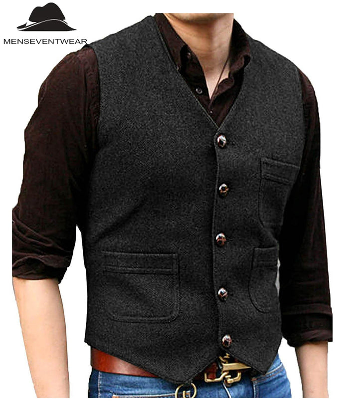 Casual Men's Slim Fit Tweed Herringbone V Neck Waistcoat menseventwear