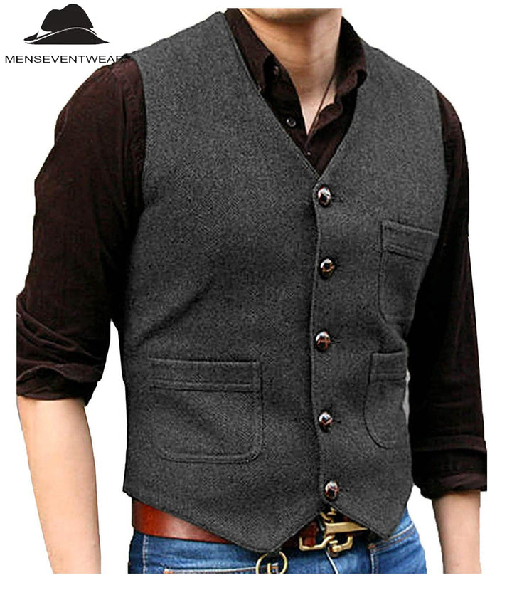 Casual Men's Slim Fit Tweed Herringbone V Neck Waistcoat menseventwear