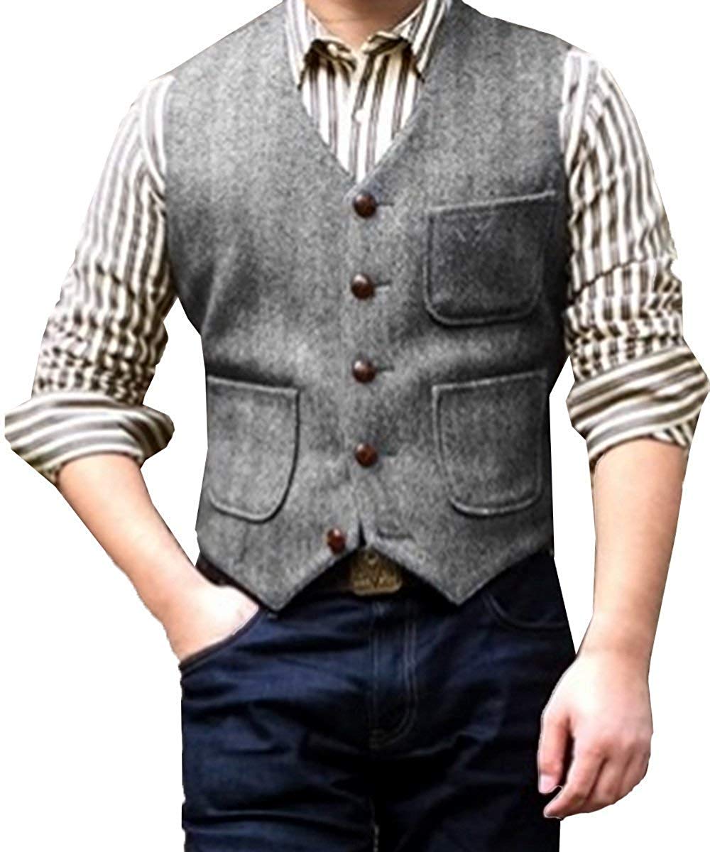 Casual Men's Slim Fit Tweed Herringbone V Neck Waistcoat menseventwear