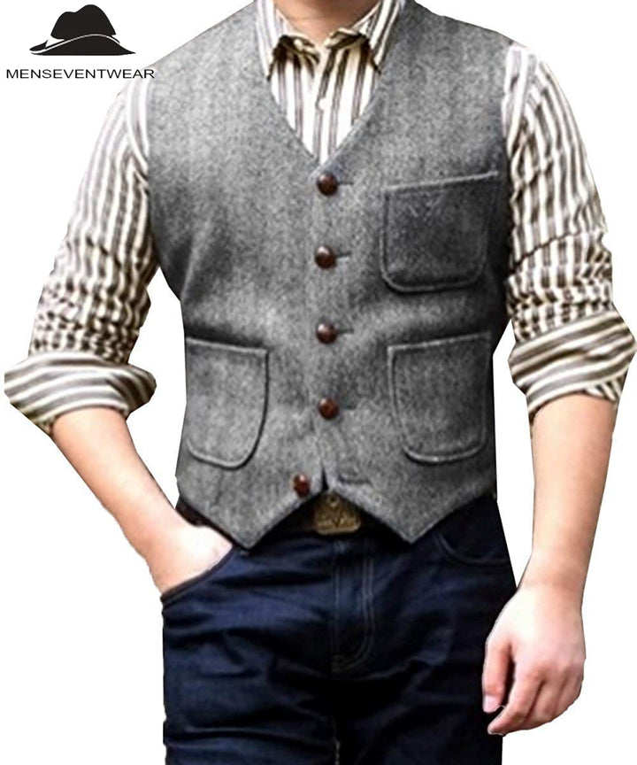 Casual Men's Slim Fit Tweed Herringbone V Neck Waistcoat menseventwear