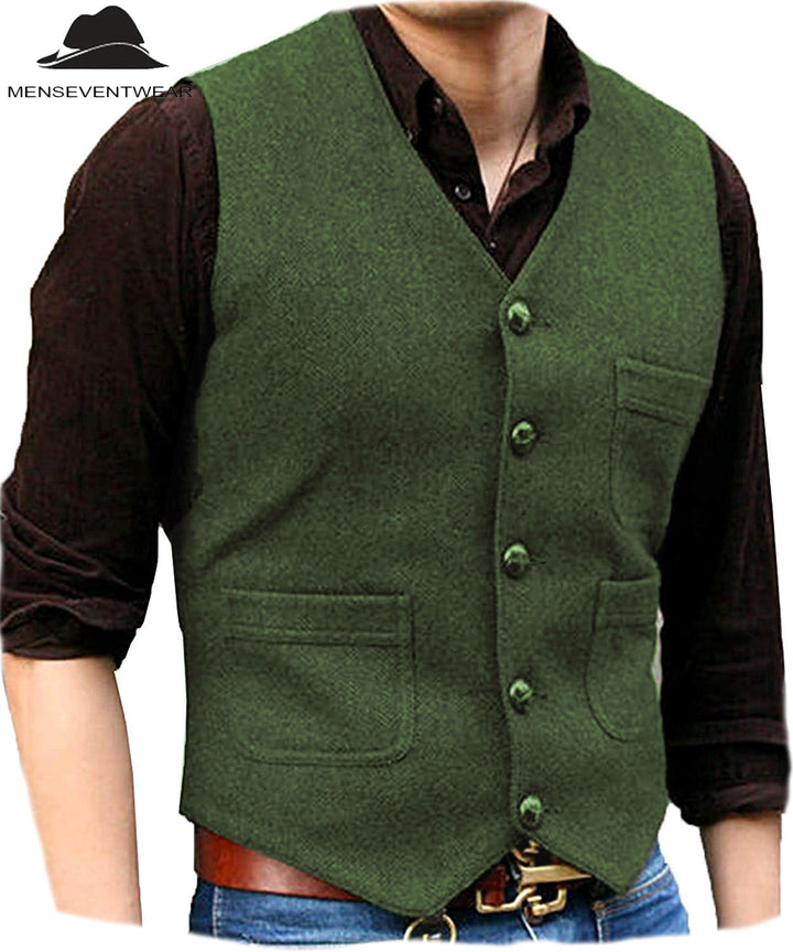 Casual Men's Slim Fit Tweed Herringbone V Neck Waistcoat menseventwear