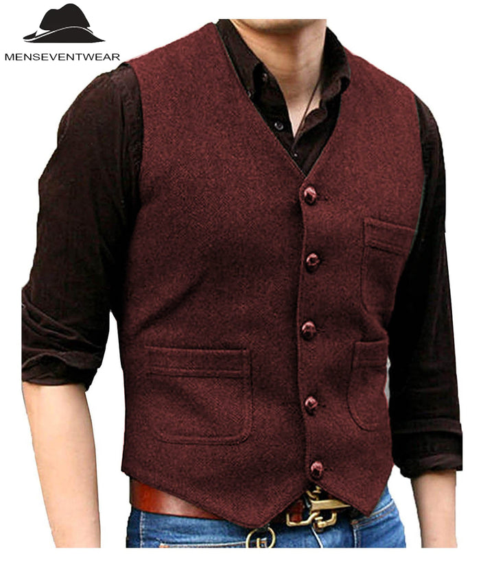 Casual Men's Slim Fit Tweed Herringbone V Neck Waistcoat menseventwear