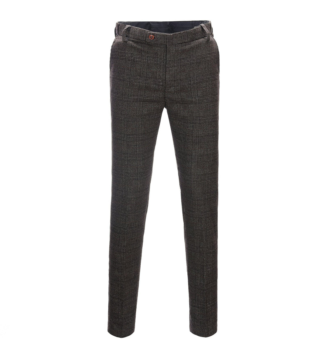 Casual Men's Suit Pant Coffee Plaid Pleat-Front Trousers menseventwear