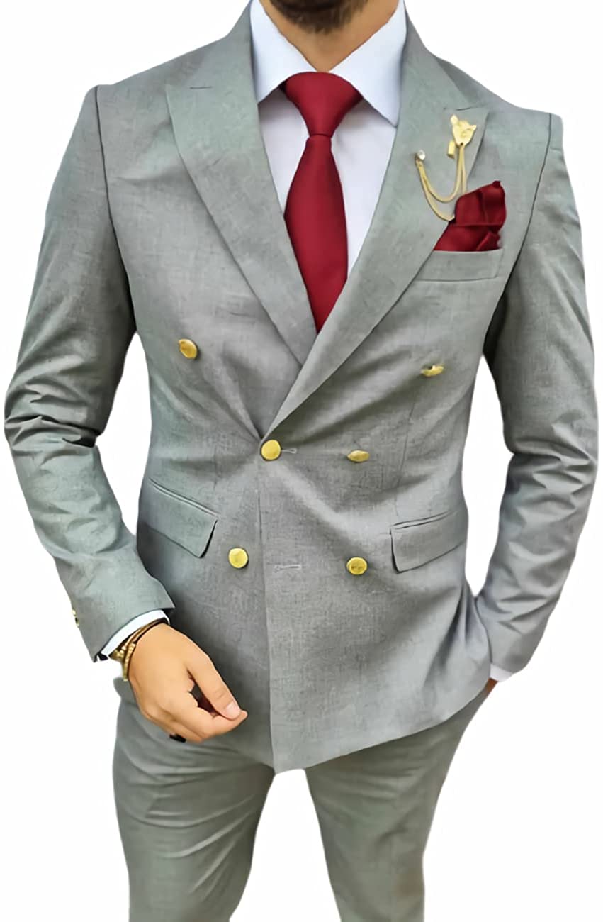 Casual Men's Suit Slim Fit Double Breasted 2 Piece Business Tuxedos ...