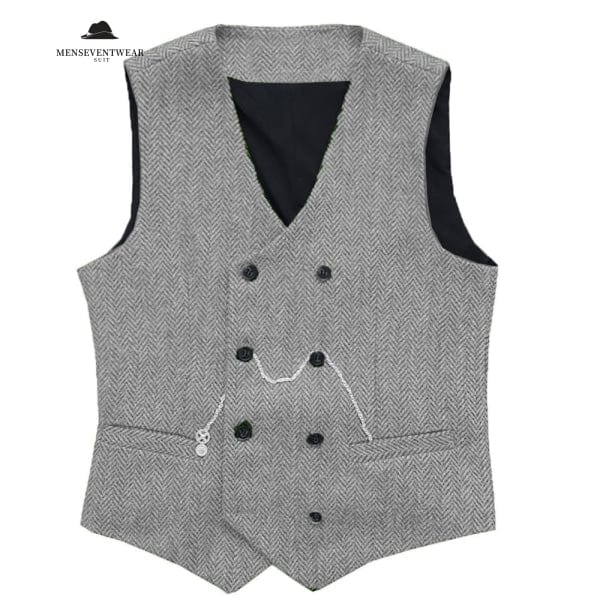 Casual Men's Vintage Double Breasted Tweed Herringbone V Neck Waistcoat menseventwear