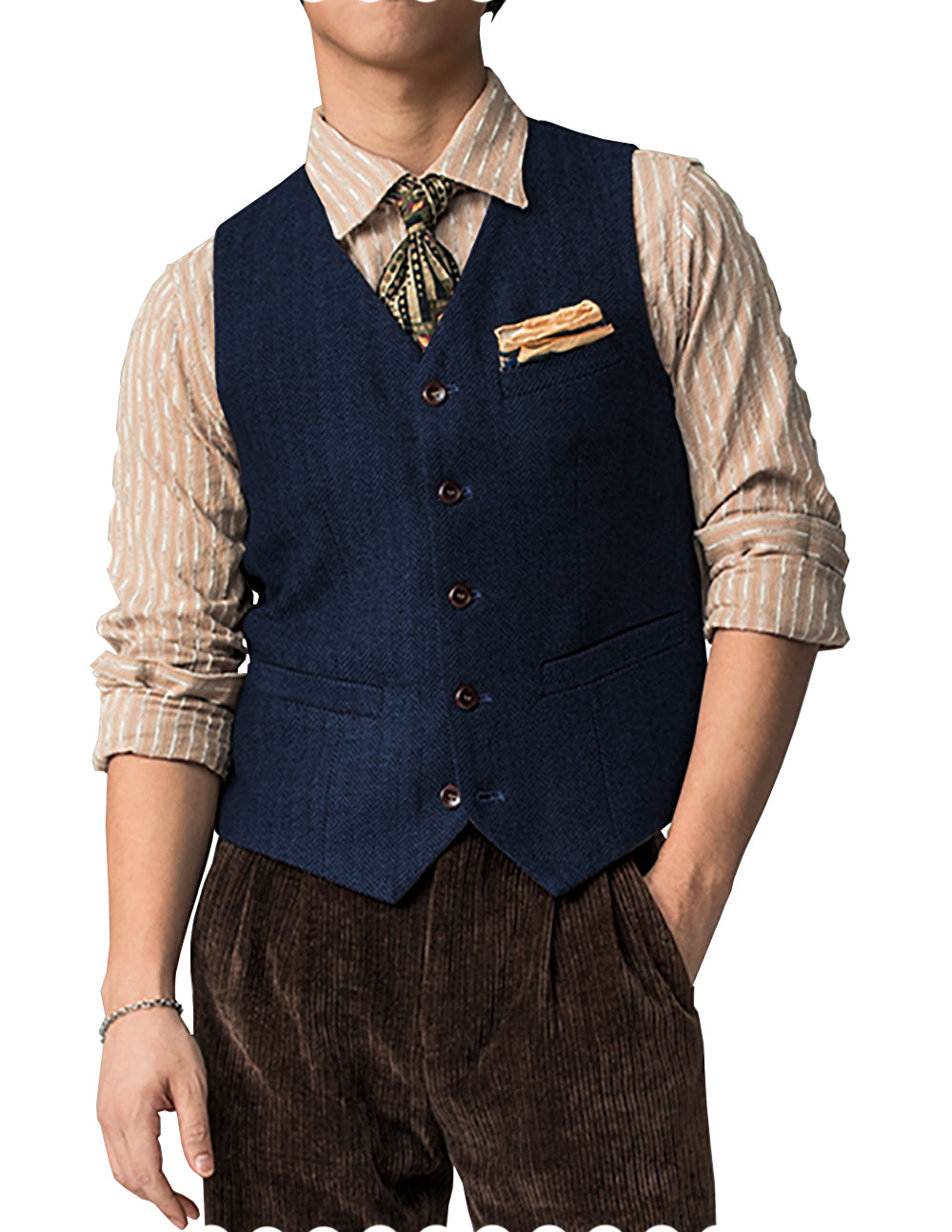 Casual Mens Classic Slim Fit Tweed Herringbone V Neck Waistcoat mens event wear