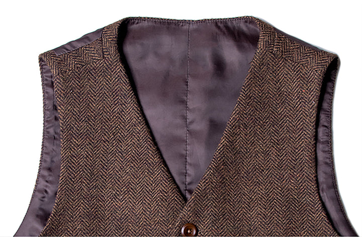 Casual Mens Classic Slim Fit Tweed Herringbone V Neck Waistcoat mens event wear