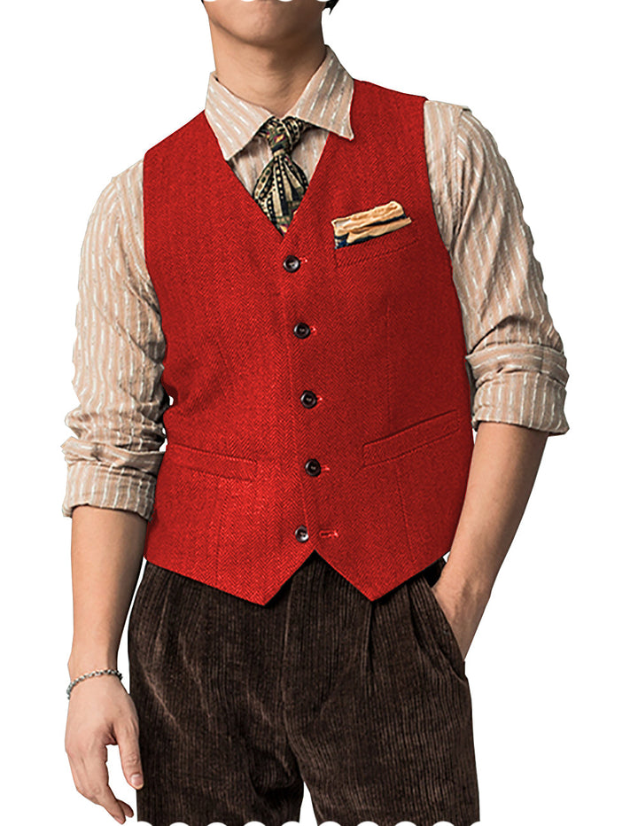 Casual Mens Classic Slim Fit Tweed Herringbone V Neck Waistcoat mens event wear