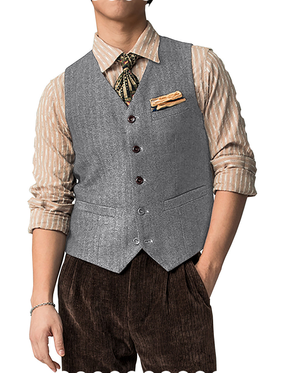 Casual Mens Classic Slim Fit Tweed Herringbone V Neck Waistcoat mens event wear